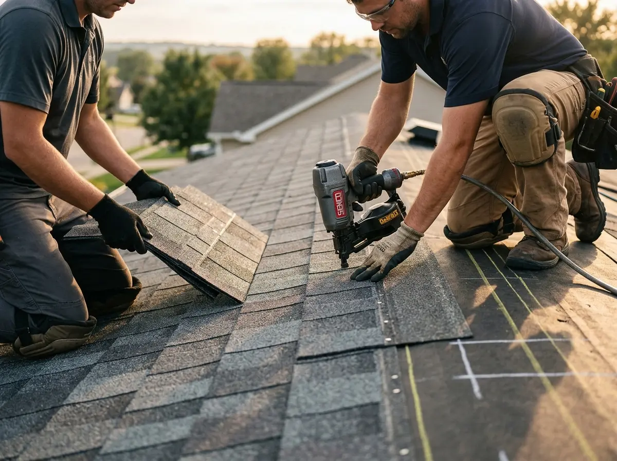 Professional roofer working on a residential roof in Arvin